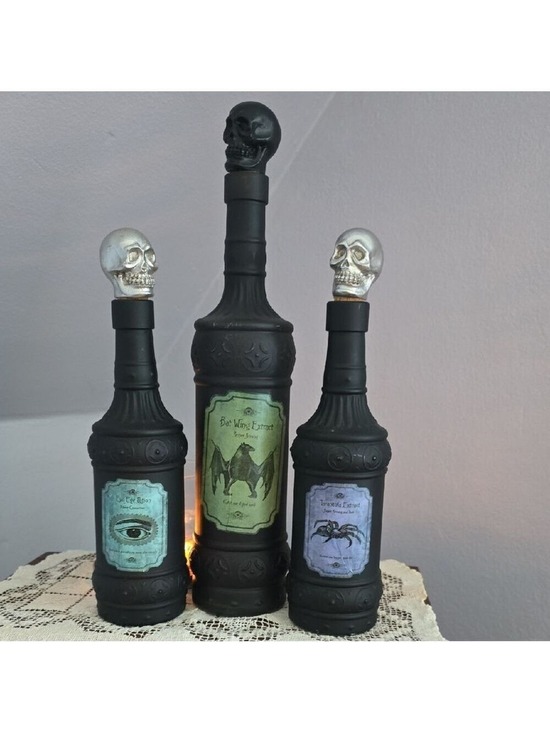 The Unbranded Brand Other - Three Black Glass Gothic Witch Tincture Potion Bottles With Skull Cork Stoppers